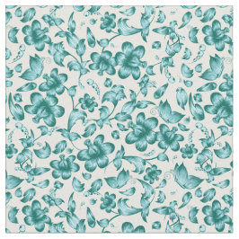 Tecido Flores Borboletas Primavera Teal Floral em Branco