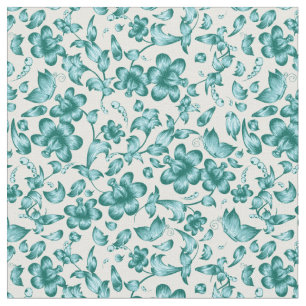 Tecido Flores Borboletas Primavera Teal Floral em Branco