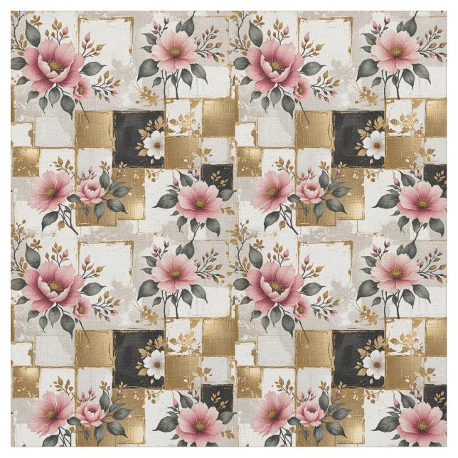 Tecido Flores brancas e cor-de-rosa nos quadrados Dourado (Detalhe)