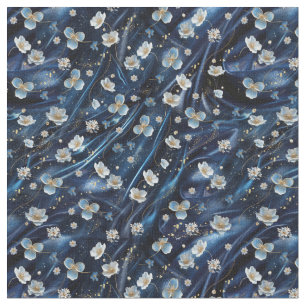Tecido Flores brancas e Douradas de abstrato na Seda Azul