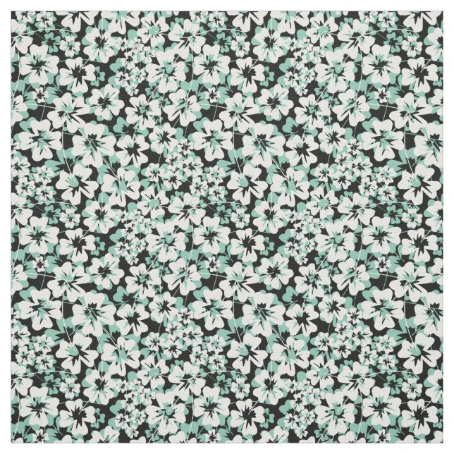 Tecido Flores brancas e turquesas em preto. (Modelo)