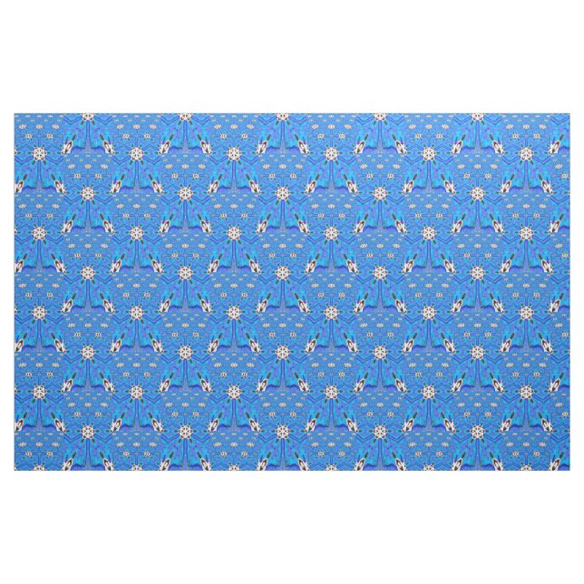 Tecido flores brancas geométricas de 6 pontos em azul (Fat Quarter)