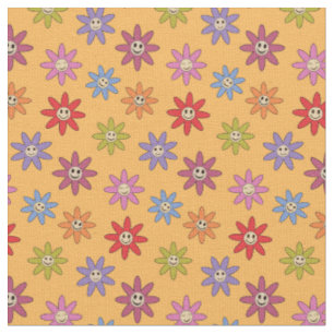 Tecido Flores Coloridas Alegres e Retro em Amarelo