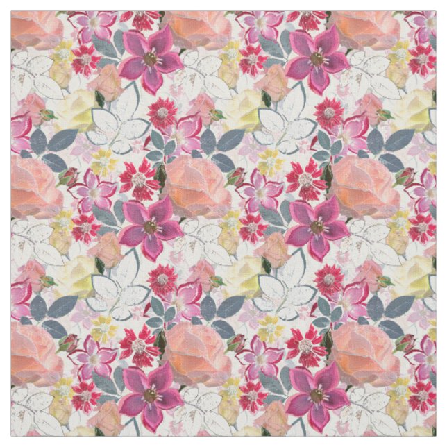 Tecido Flores cor-de-água, cor-de-rosa. (Modelo)