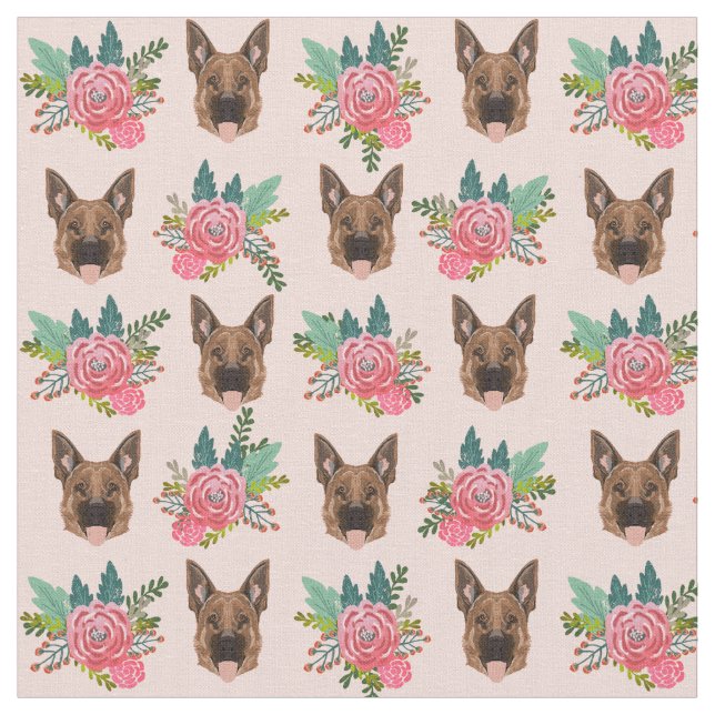 Tecido Flores cor-de-rosa German shepherd (Detalhe)