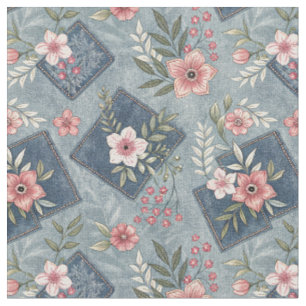 Tecido Flores Cor-de-Rosa & Jeans de Ganga - Padrão de De