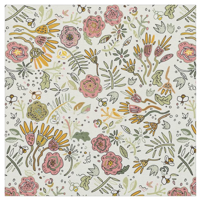 Tecido Flores De Abelhas Florais De Aquarelas Modernas El (Detalhe)