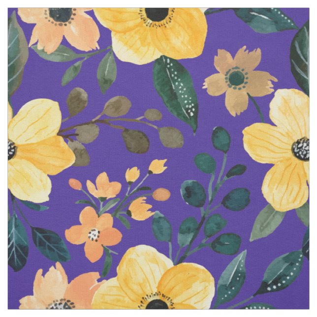 Tecido Flores de Aquarela Amarela Botânica Azul Roxo (Modelo)