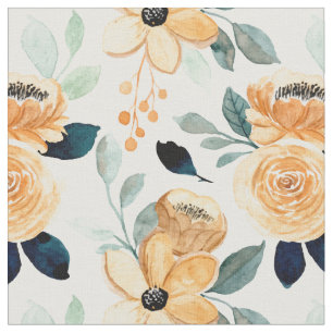 Tecido Flores de Aquarela Amarelo Mostarda Folhas Verdes