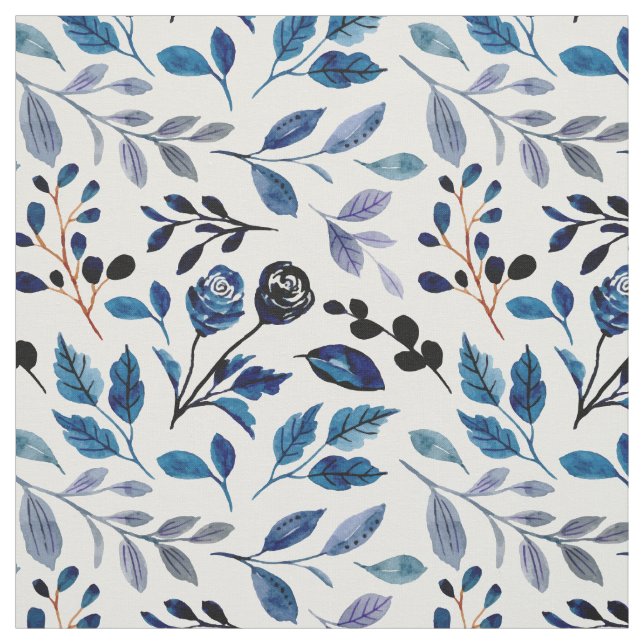 Tecido Flores de Aquarela Azul Folhas Branco Botânico (Modelo)