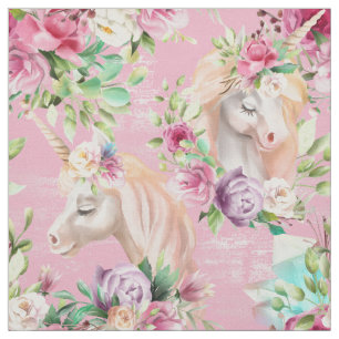 Tecido Flores De Aquarela De Creme Rosa, Unicórnios Bran