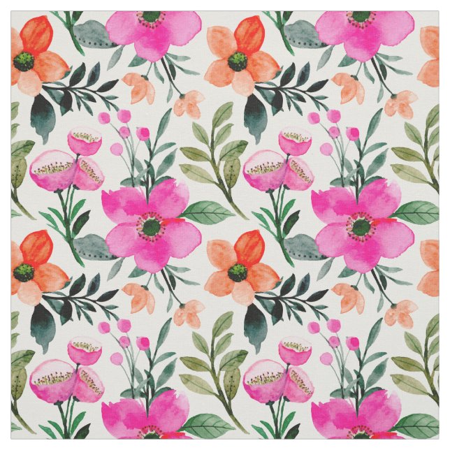 Tecido Flores de Aquarela Laranja Rosa Folhas Verdes Bran (Modelo)