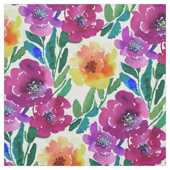 Tecido Flores de Aquarela Maroon e Amarelo (Modelo)