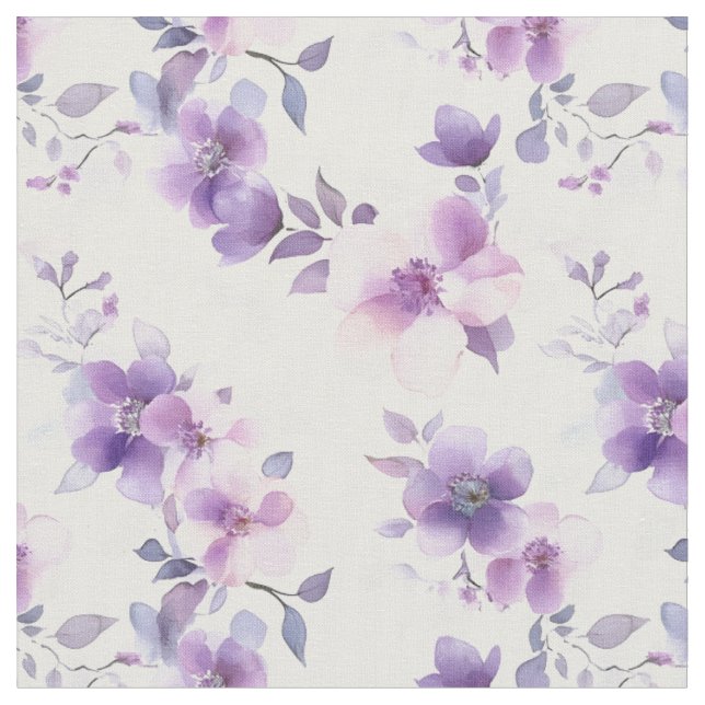Tecido Flores de Aquarela Roxas em Branco (Detalhe)
