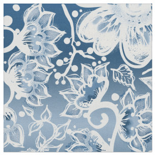 Tecido Flores de Boho Azul Branco e Clássico