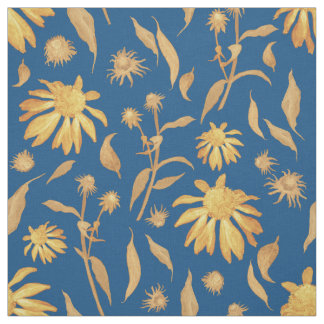 Tecido Flores de Cone Amarelo Moderno do Indigo em Azul