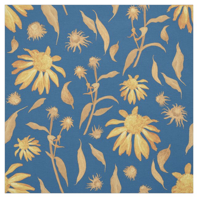 Tecido Flores de Cone Amarelo Moderno do Indigo em Azul (Modelo)