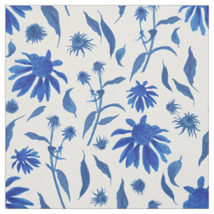 Tecido Flores de Cone Azul Moderno do Indigo em Branco