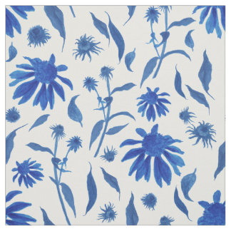Tecido Flores de Cone Azul Moderno do Indigo em Branco