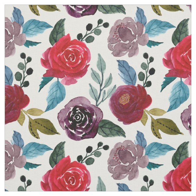 Tecido Flores de cor-de-água, vermelhas e burgundy (Modelo)