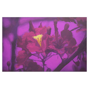 Tecido Flores de Hibiscus Amarelo-Roxo Elegante