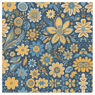Tecido Flores de Hipopia Retro Flores Design Amarelo Azul