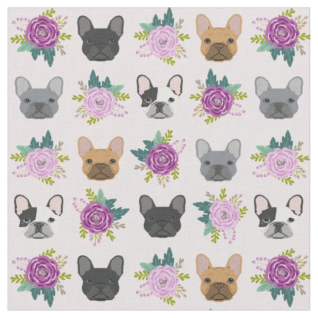 Tecido Flores de lavanda em francês Bulldog Faces (Detalhe)
