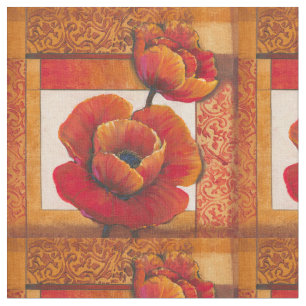 Tecido Flores de Papoula em Tan e Orange Background