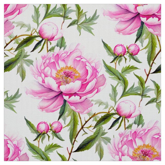 Tecido Flores de Pêonias Rosa com Folhas Verdes Sage (Modelo)
