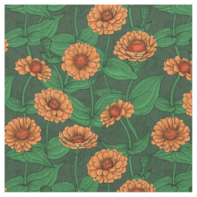 Tecido Flores de Zinnia laranja, folhas verdes em verde e (Detalhe)