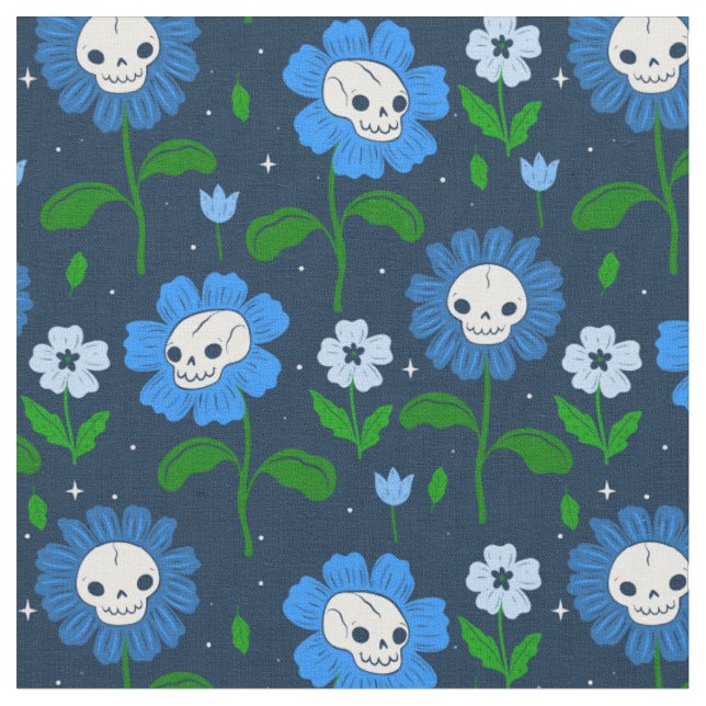 Tecido flores do crânio floral de halloween azul (Detalhe)