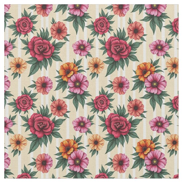 Tecido Flores Douradas e Vermelhas Rosa em faixas de esta (Detalhe)