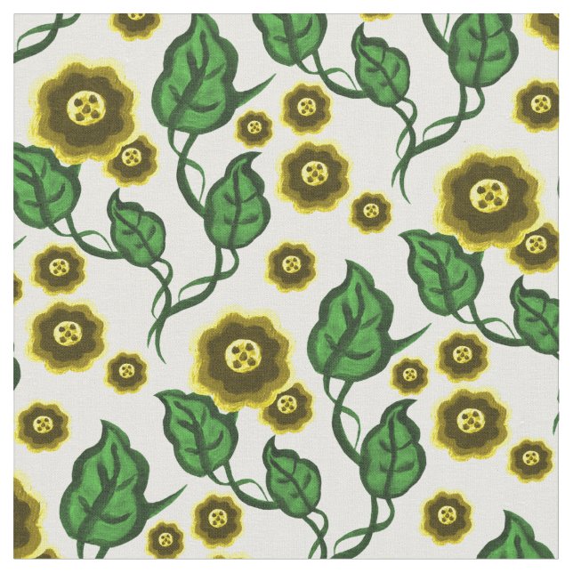 Tecido Flores Douradas/folhas verdes/Folk art floral (Detalhe)