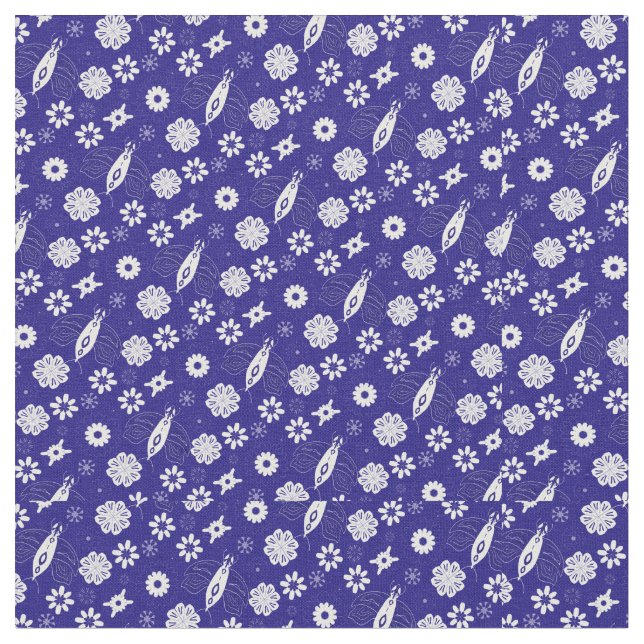 Tecido Flores e borboletas padrão azul e branco (Detalhe)