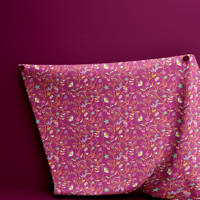 Tecido Flores e Pássaros de Boho Vermelho de Framboesa (Criador carregado)