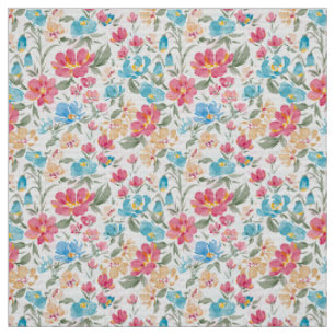 Tecido Flores em Aquarela em Rosa e Azul, Jardim Floral
