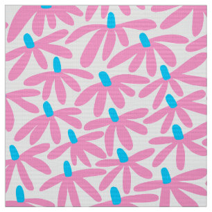 Tecido Flores Estilizadas - Rosa, Azul-Céu e Branco