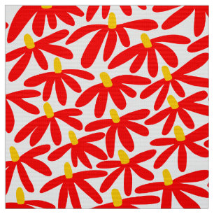 Tecido Flores Estilizadas - Vermelho, Âmbar e Branco