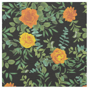 Tecido Flores Florais de Rosas Pretos Laranja