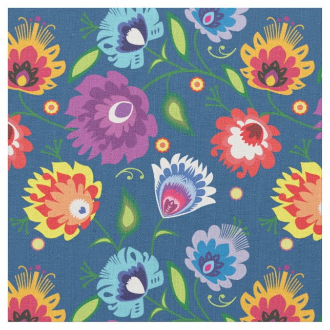 Tecido Flores Folclóricas em azul clássico (Detalhe)