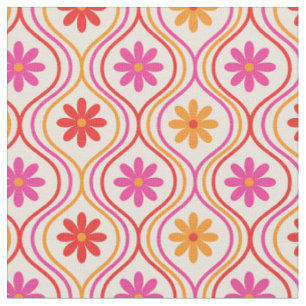 Tecido Flores Laranja Rosa Vermelho Retro no Padrão Ogee