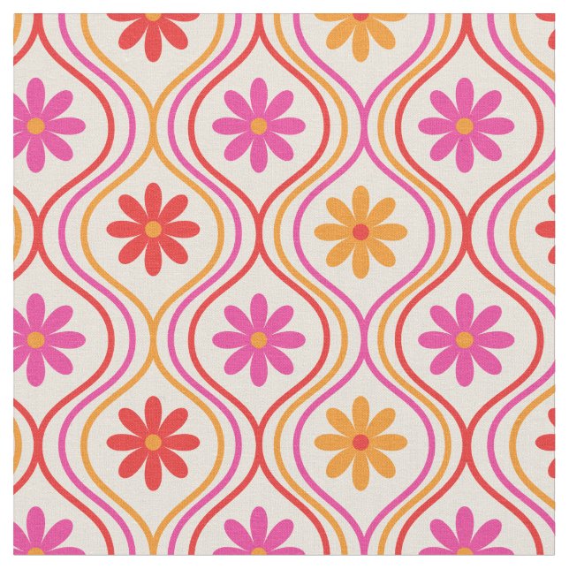 Tecido Flores Laranja Rosa Vermelho Retro no Padrão Ogee (Detalhe)