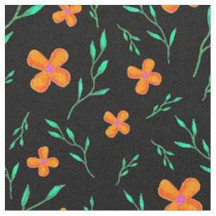 Tecido Flores Pretas Laranja Modernas, Cor de Água, Flor