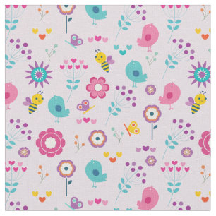 Tecido Flores Retro Aves e Abelhas em Fundo Rosa