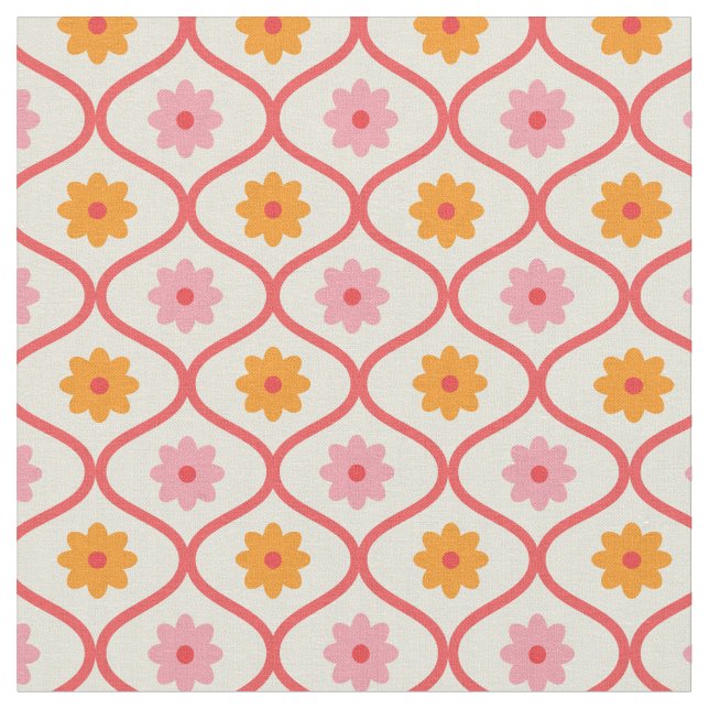 Tecido Flores retrô laranja e rosa no padrão Ogee (Detalhe)
