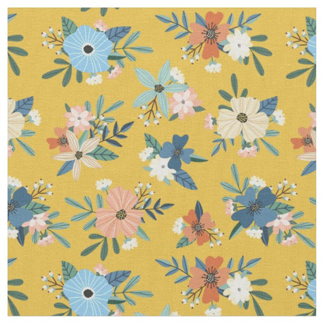 Tecido Flores Retro Penteiam Padrão Floral Azul Amarelo (Detalhe)