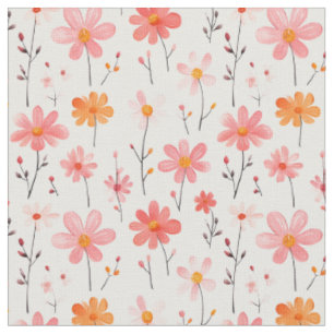 Tecido Flores Rosa e Laranja em Branco
