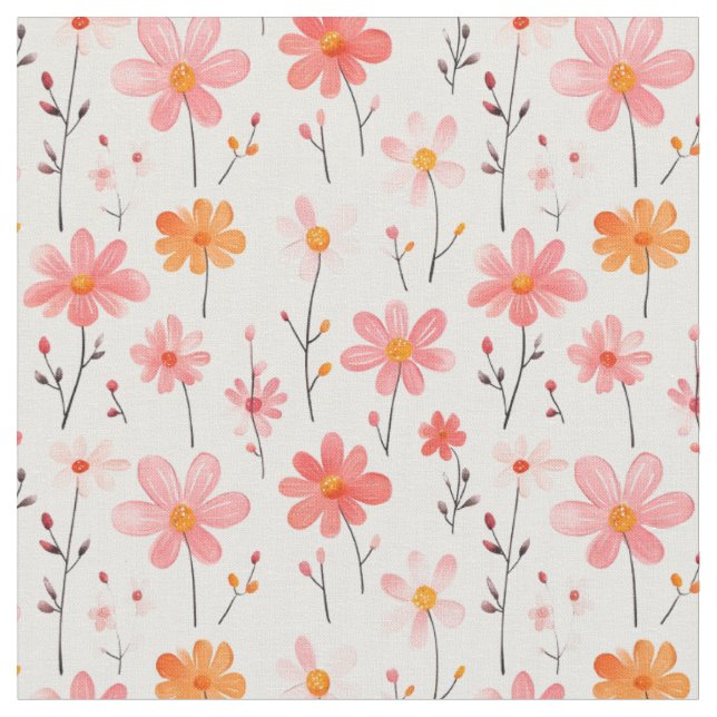 Tecido Flores Rosa e Laranja em Branco (Detalhe)
