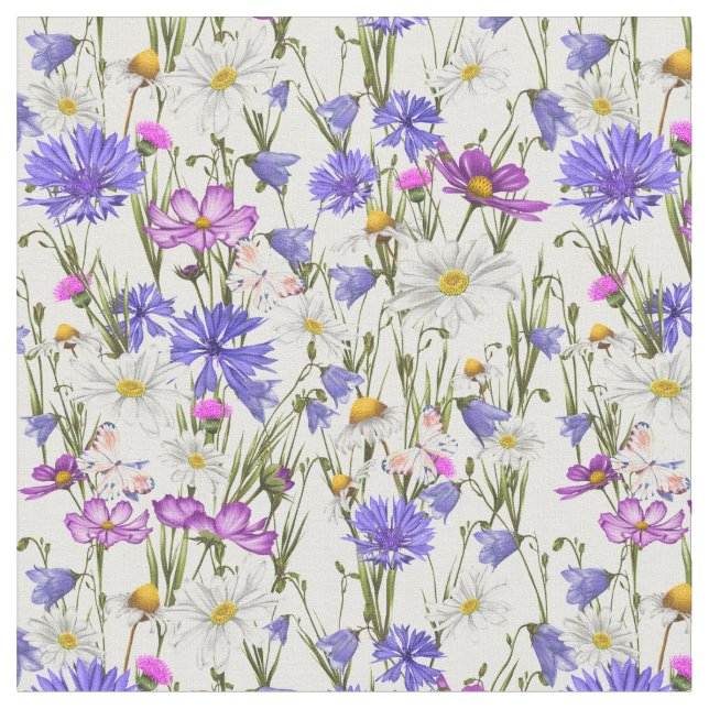 Tecido Flores selvagens brancas, azuis e púrpuras (Detalhe)