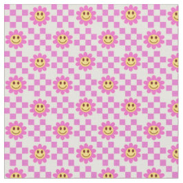 Tecido Flores Sorrindo Xadrez Rosa Choque com quadrados